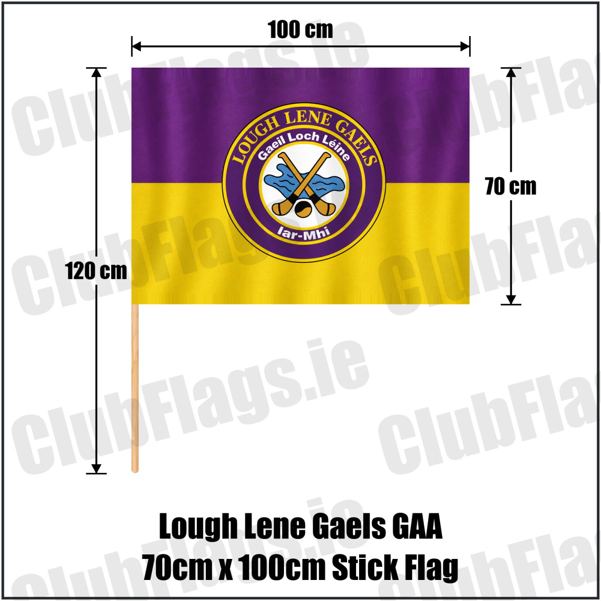 Lough Lene Gaels GAA, County Westmeath, purple and yellow flag with circular club crest and crossed hurleys; 70 x 100 cm stick flag with a 120 cm wooden stick