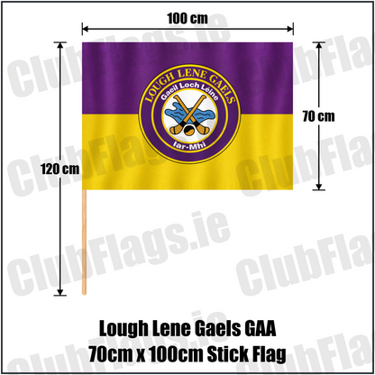 Lough Lene Gaels GAA, County Westmeath, purple and yellow flag with circular club crest and crossed hurleys; 70 x 100 cm stick flag with a 120 cm wooden stick