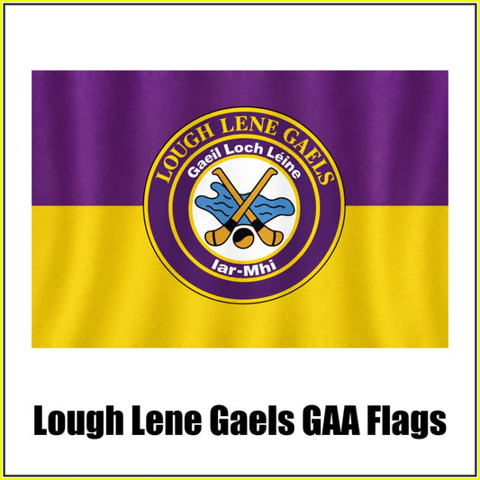 Lough Lene Gaels GAA, County Westmeath, purple and yellow flag with circular club crest and crossed hurleys; realistic fabric mockup on white background