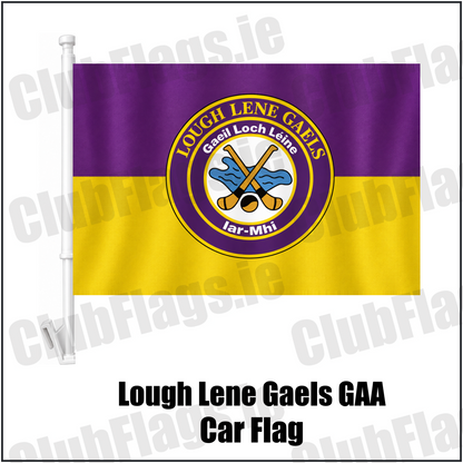 Lough Lene Gaels GAA, County Westmeath, purple and yellow flag with circular club crest and crossed hurleys; car flag with white plastic window mount