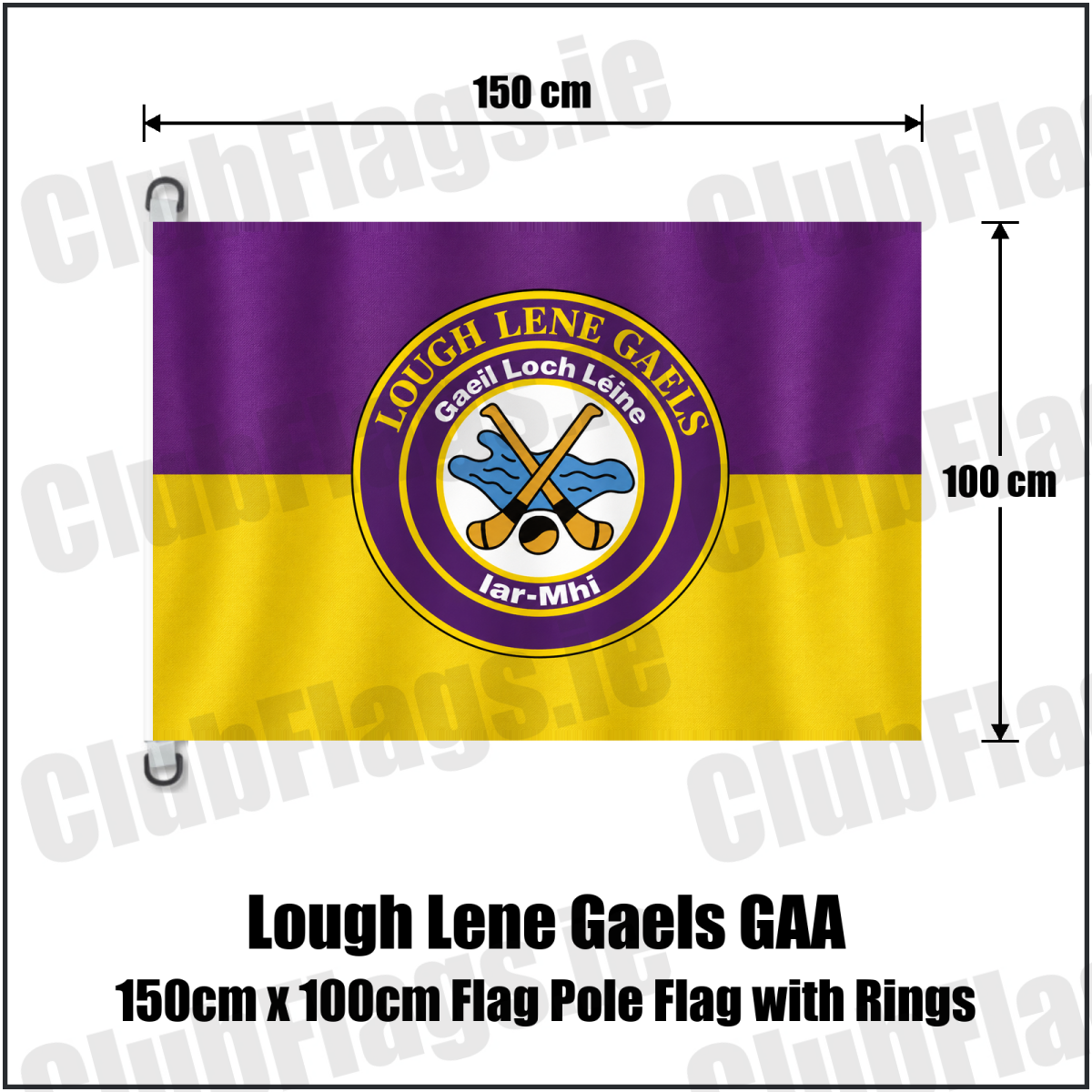 Lough Lene Gaels GAA, County Westmeath, purple and yellow flag with circular club crest and crossed hurleys; 150 cm wide x 100 cm high flag with two dark D rings on white tabs, without a pole
