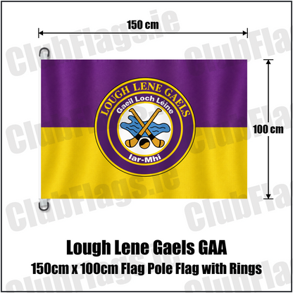 Lough Lene Gaels GAA, County Westmeath, purple and yellow flag with circular club crest and crossed hurleys; 150 cm wide x 100 cm high flag with two dark D rings on white tabs, without a pole