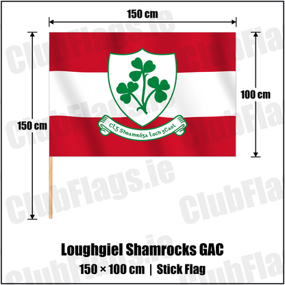 Loughgiel Shamrocks GAC 100cm x 150cm Stick Flag with the verified club crest and colours, Antrim GAA - ClubFlags.ie