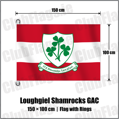 Loughgiel Shamrocks GAC 150cm x 100cm Flag Pole Flag with Rings with the verified club crest and colours, Antrim GAA - ClubFlags.ie