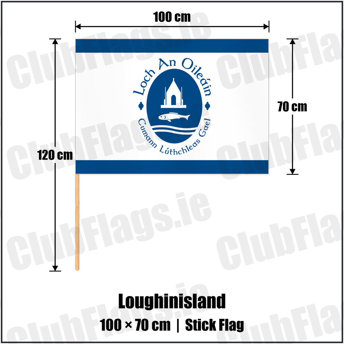 Loughinisland 70cm x 100cm Stick Flag with the club crest and colours, Down GAA - ClubFlags.ie