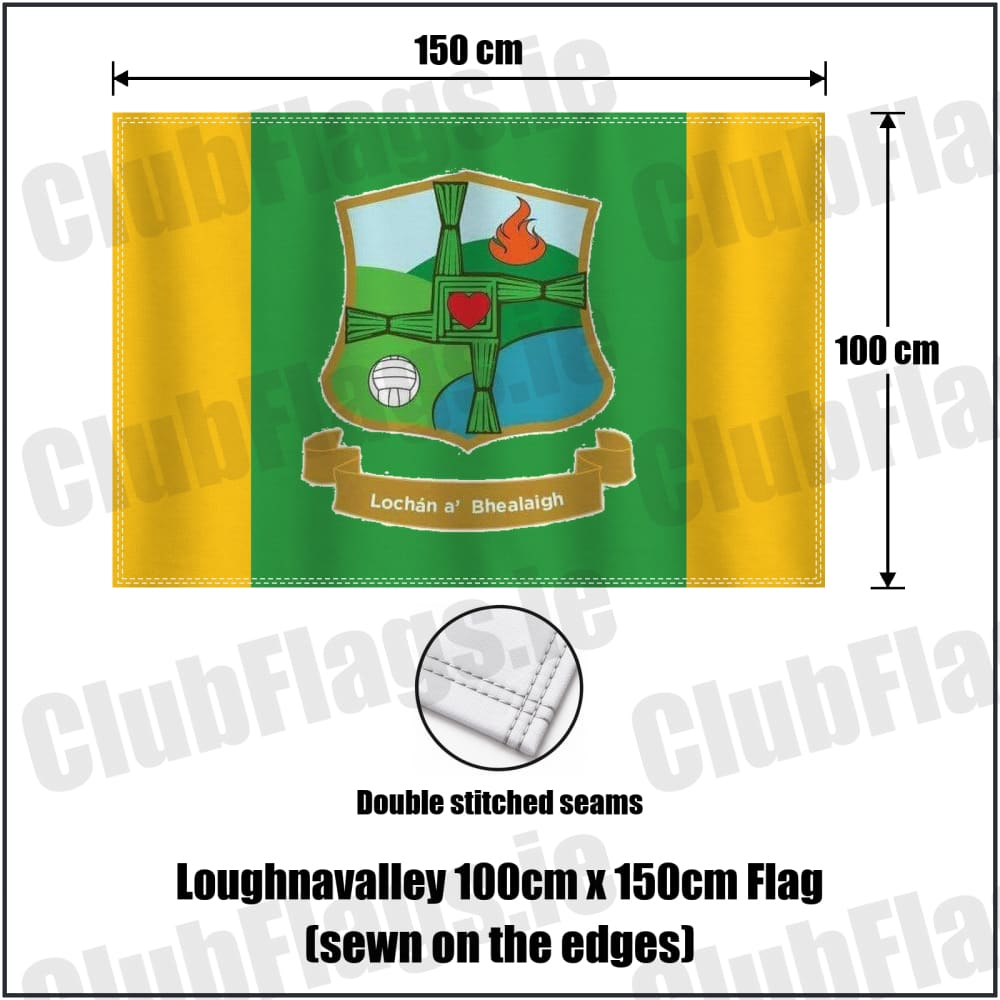 Loughnavalley 100cm x 150cm Flag (sewn on the edges) in green and gold, featuring the club crest on realistic fabric with gentle vertical folds; County Westmeath GAA. ClubFlags.ie.