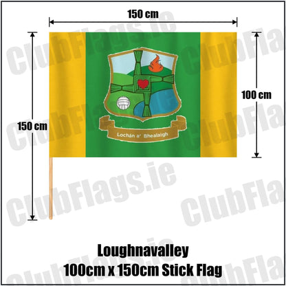 Loughnavalley 100cm x 150cm Stick Flag in green and gold, featuring the club crest on realistic fabric with gentle vertical folds; County Westmeath GAA. ClubFlags.ie.