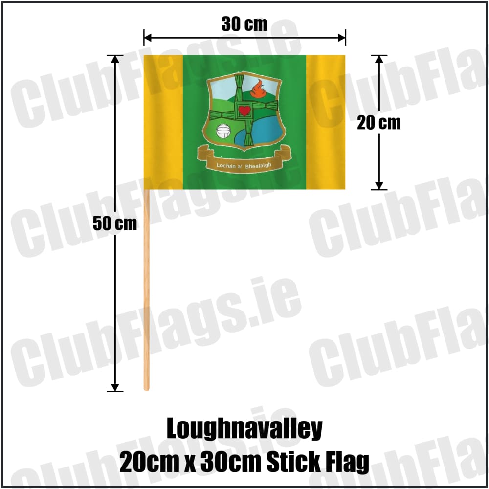 Loughnavalley 20cm x 30cm Stick Flag in green and gold, featuring the club crest on realistic fabric with gentle vertical folds; County Westmeath GAA. ClubFlags.ie.