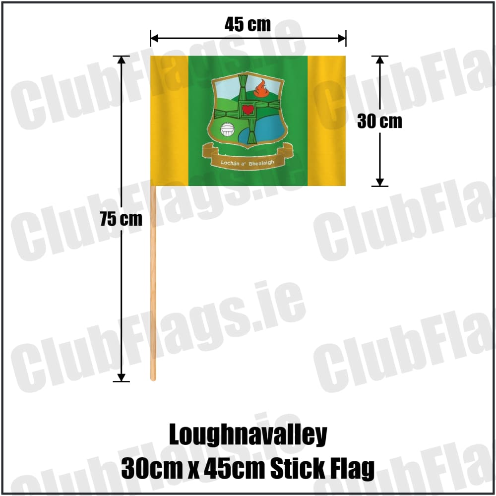 Loughnavalley 30cm x 45cm Stick Flag in green and gold, featuring the club crest on realistic fabric with gentle vertical folds; County Westmeath GAA. ClubFlags.ie.