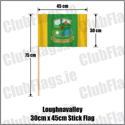 Loughnavalley 30cm x 45cm Stick Flag in green and gold, featuring the club crest on realistic fabric with gentle vertical folds; County Westmeath GAA. ClubFlags.ie.