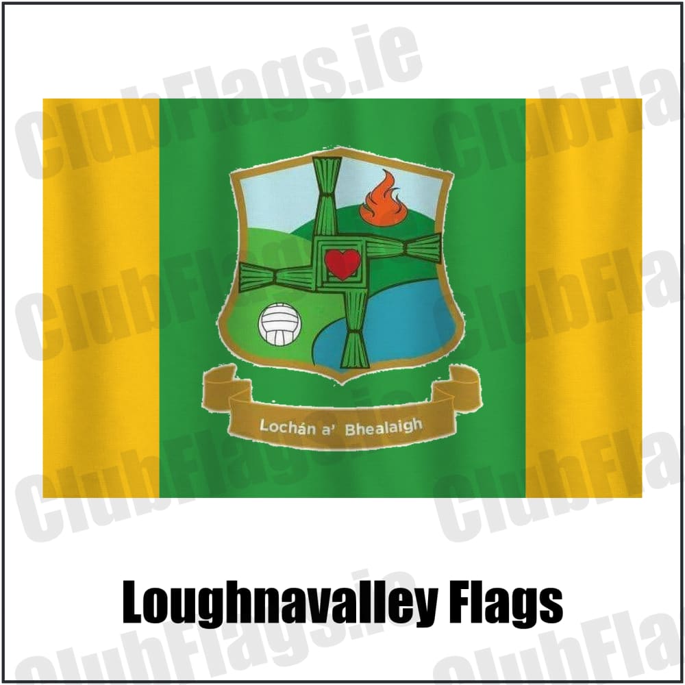 Loughnavalley Flags in green and gold, featuring the club crest on realistic fabric with gentle vertical folds; County Westmeath GAA. ClubFlags.ie.
