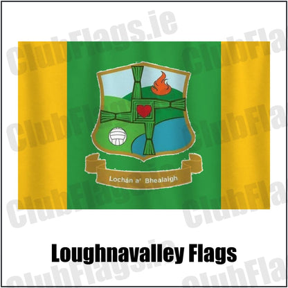 Loughnavalley Flags in green and gold, featuring the club crest on realistic fabric with gentle vertical folds; County Westmeath GAA. ClubFlags.ie.