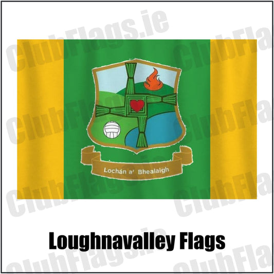 Loughnavalley Flags in green and gold, featuring the club crest on realistic fabric with gentle vertical folds; County Westmeath GAA. ClubFlags.ie.