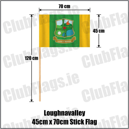 Loughnavalley 45cm x 70cm Stick Flag in green and gold, featuring the club crest on realistic fabric with gentle vertical folds; County Westmeath GAA. ClubFlags.ie.