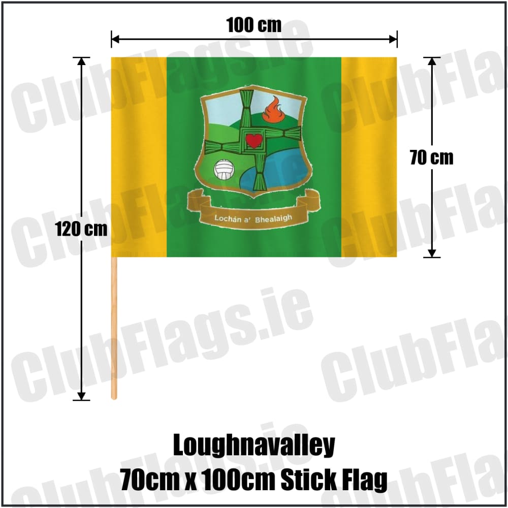 Loughnavalley 70cm x 100cm Stick Flag in green and gold, featuring the club crest on realistic fabric with gentle vertical folds; County Westmeath GAA. ClubFlags.ie.