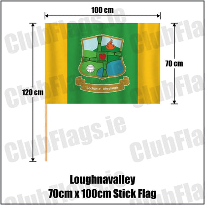 Loughnavalley 70cm x 100cm Stick Flag in green and gold, featuring the club crest on realistic fabric with gentle vertical folds; County Westmeath GAA. ClubFlags.ie.