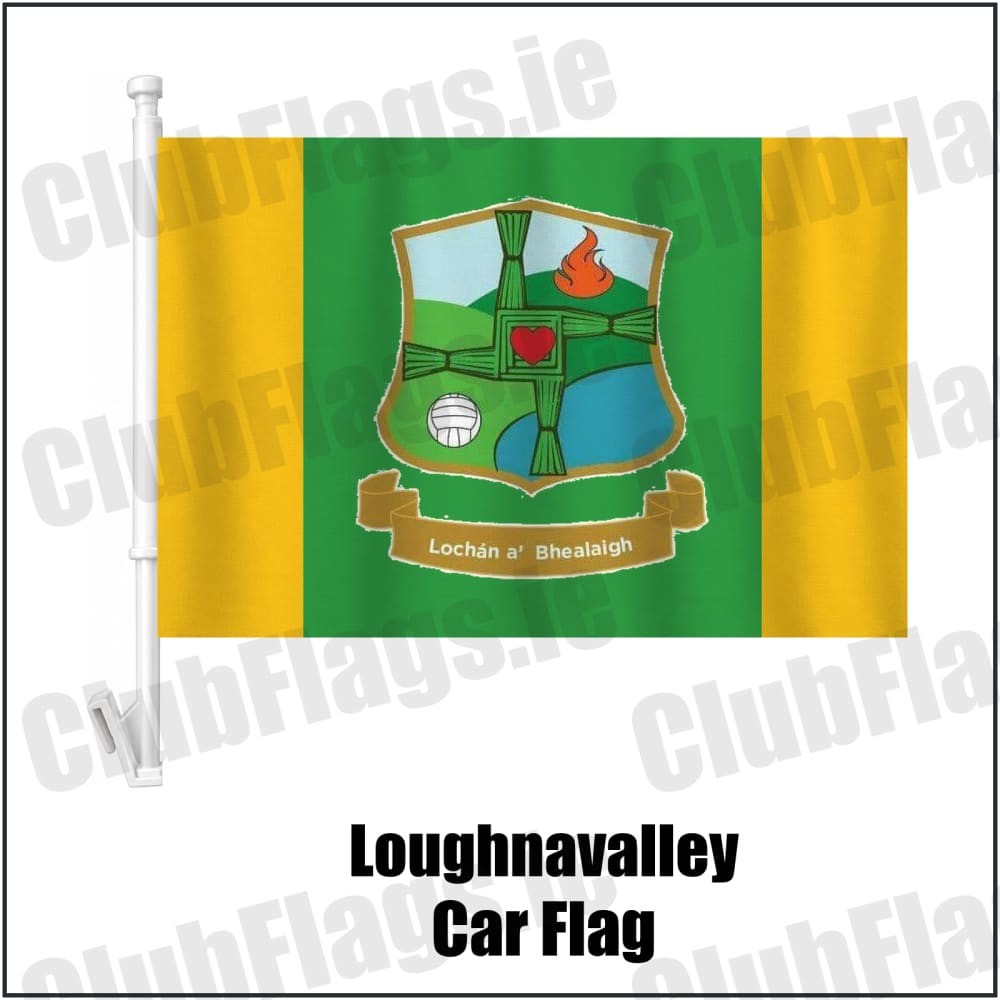 Loughnavalley Car Flag in green and gold, featuring the club crest on realistic fabric with gentle vertical folds; County Westmeath GAA. ClubFlags.ie.