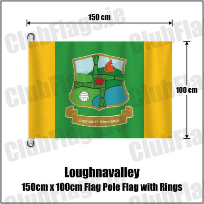 Loughnavalley 150cm x 100cm Flag Pole Flag with Rings in green and gold, featuring the club crest on realistic fabric with gentle vertical folds; County Westmeath GAA. ClubFlags.ie.