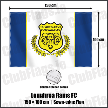 Loughrea Rams FC 100cm x 150cm Flag (sewn on the edges) with the club crest and colours, Galway Football - ClubFlags.ie