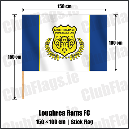 Loughrea Rams FC 100cm x 150cm Stick Flag with the club crest and colours, Galway Football - ClubFlags.ie