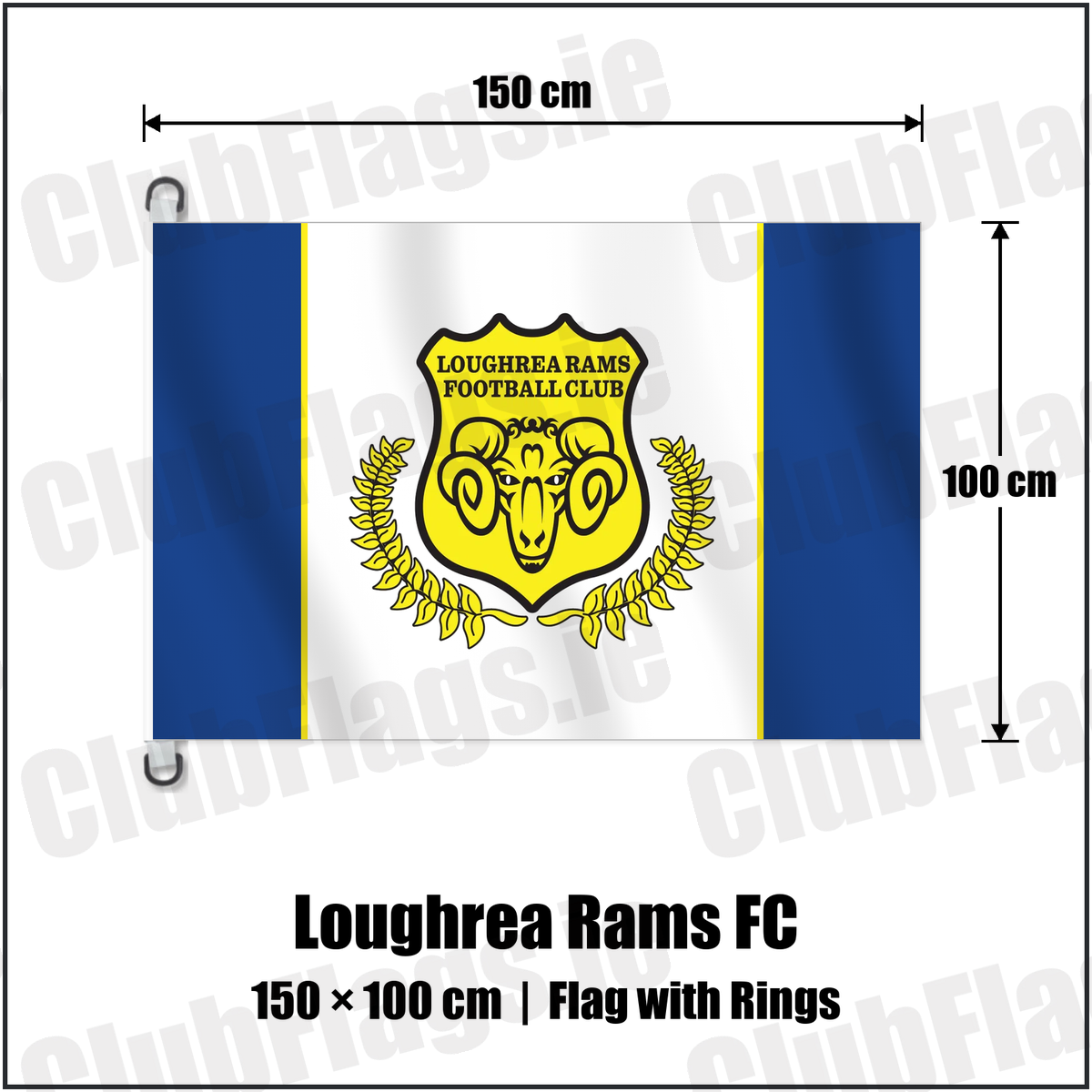 Loughrea Rams FC 150cm x 100cm Flag Pole Flag with Rings with the club crest and colours, Galway Football - ClubFlags.ie