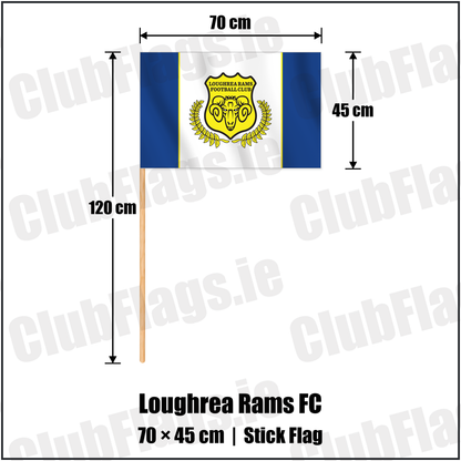 Loughrea Rams FC 45cm x 70cm Stick Flag with the club crest and colours, Galway Football - ClubFlags.ie