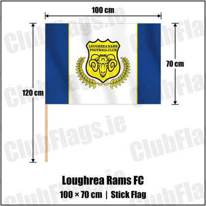 Loughrea Rams FC 70cm x 100cm Stick Flag with the club crest and colours, Galway Football - ClubFlags.ie