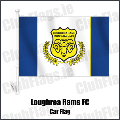 Loughrea Rams FC Car Flag with the club crest and colours, Galway Football - ClubFlags.ie