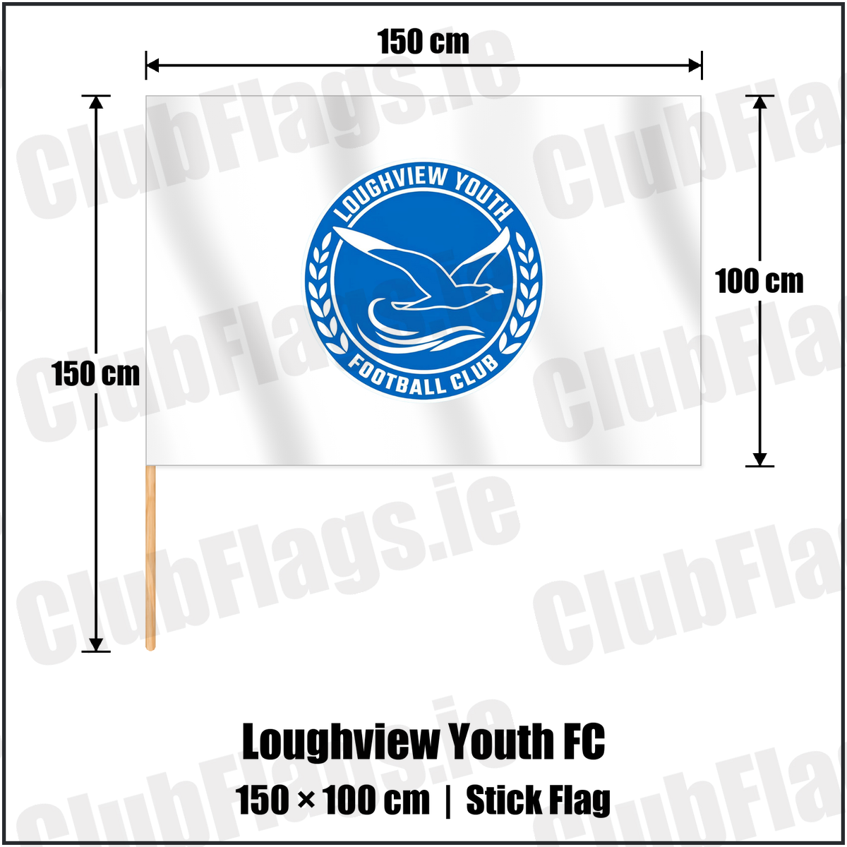 Loughview Youth FC 100cm x 150cm Stick Flag with the club crest and colours, Antrim Football - ClubFlags.ie
