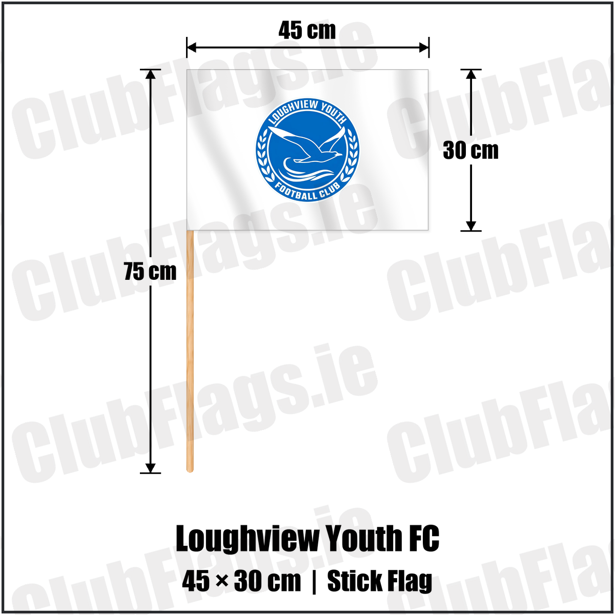 Loughview Youth FC 30cm x 45cm Stick Flag with the club crest and colours, Antrim Football - ClubFlags.ie