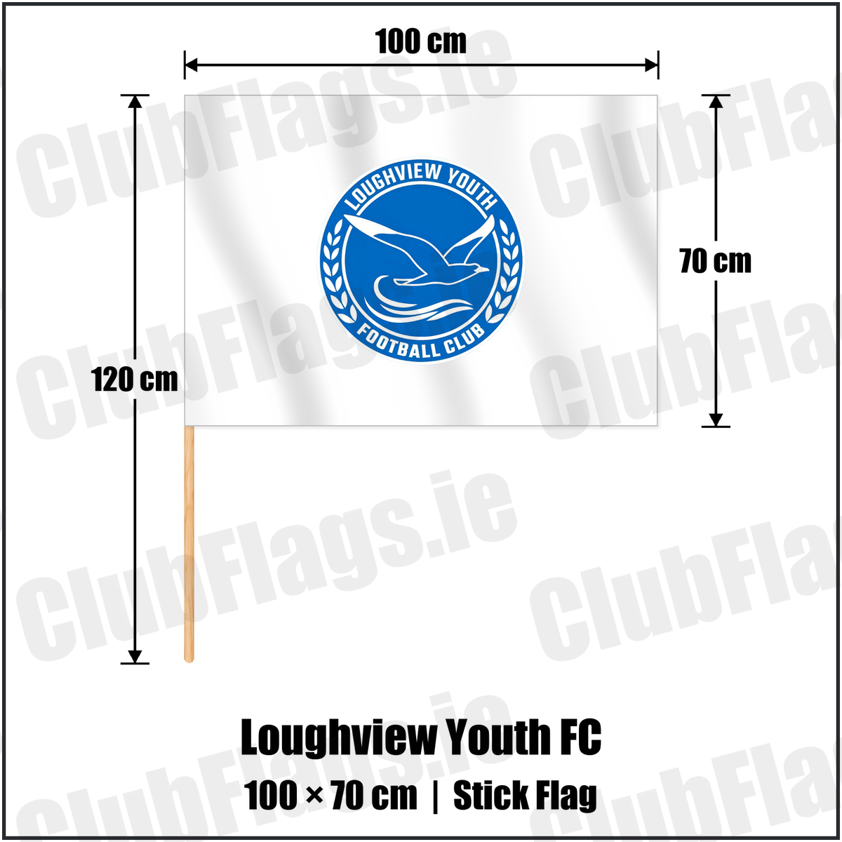 Loughview Youth FC 70cm x 100cm Stick Flag with the club crest and colours, Antrim Football - ClubFlags.ie