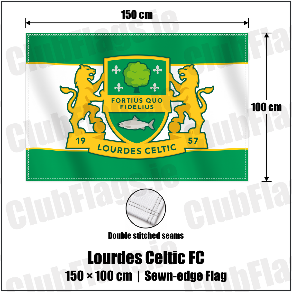 Lourdes Celtic FC 100cm x 150cm Flag (sewn on the edges) with the club crest and colours, Dublin Football - ClubFlags.ie