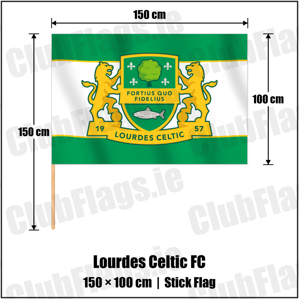 Lourdes Celtic FC 100cm x 150cm Stick Flag with the club crest and colours, Dublin Football - ClubFlags.ie
