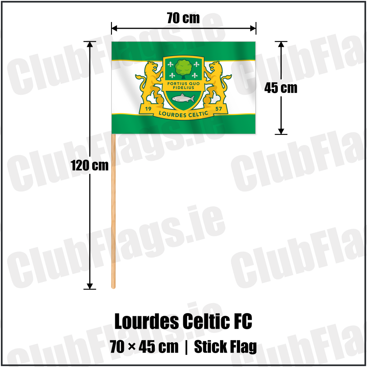 Lourdes Celtic FC 45cm x 70cm Stick Flag with the club crest and colours, Dublin Football - ClubFlags.ie