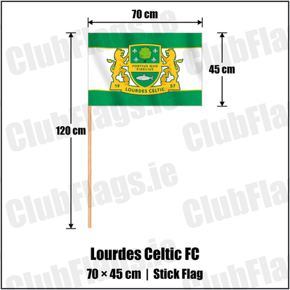 Lourdes Celtic FC 45cm x 70cm Stick Flag with the club crest and colours, Dublin Football - ClubFlags.ie