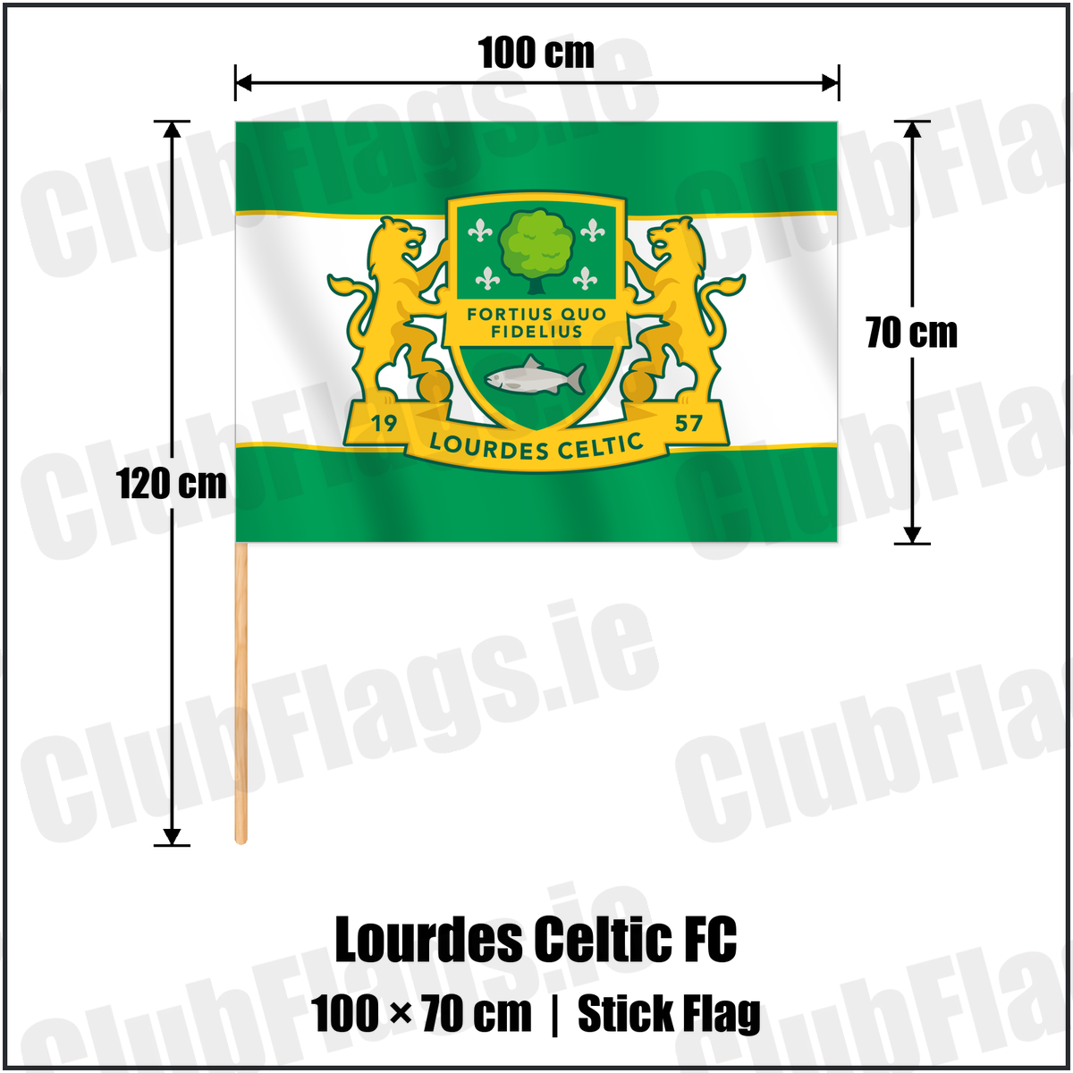 Lourdes Celtic FC 70cm x 100cm Stick Flag with the club crest and colours, Dublin Football - ClubFlags.ie