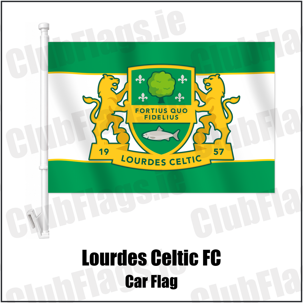 Lourdes Celtic FC Car Flag with the club crest and colours, Dublin Football - ClubFlags.ie