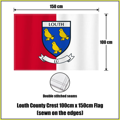 Louth county crest 100 × 150 cm sewn-edge flag in red and white, with dimension arrows and a double-stitch seam close-up.