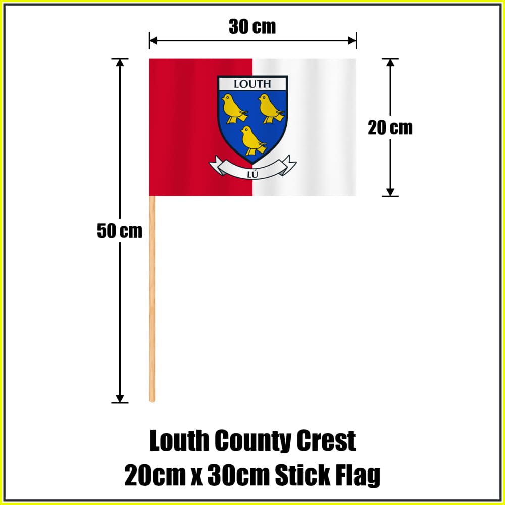 Louth county crest 20 × 30 cm stick flag in red and white, with a 50 cm wooden stick and dimension arrows.