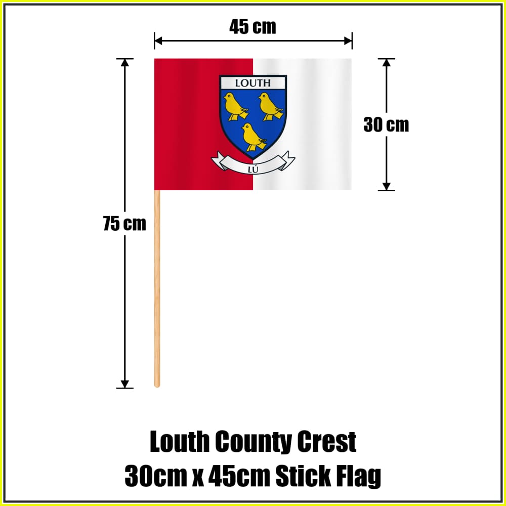 Louth county crest 30 × 45 cm stick flag in red and white, with a 75 cm wooden stick and dimension arrows.