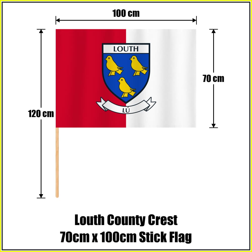 Louth county crest 70 × 100 cm stick flag in red and white, with a 120 cm wooden stick and dimension arrows.