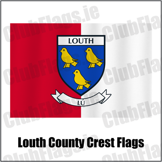 Louth county crest flag in red and white, with county name and crest.