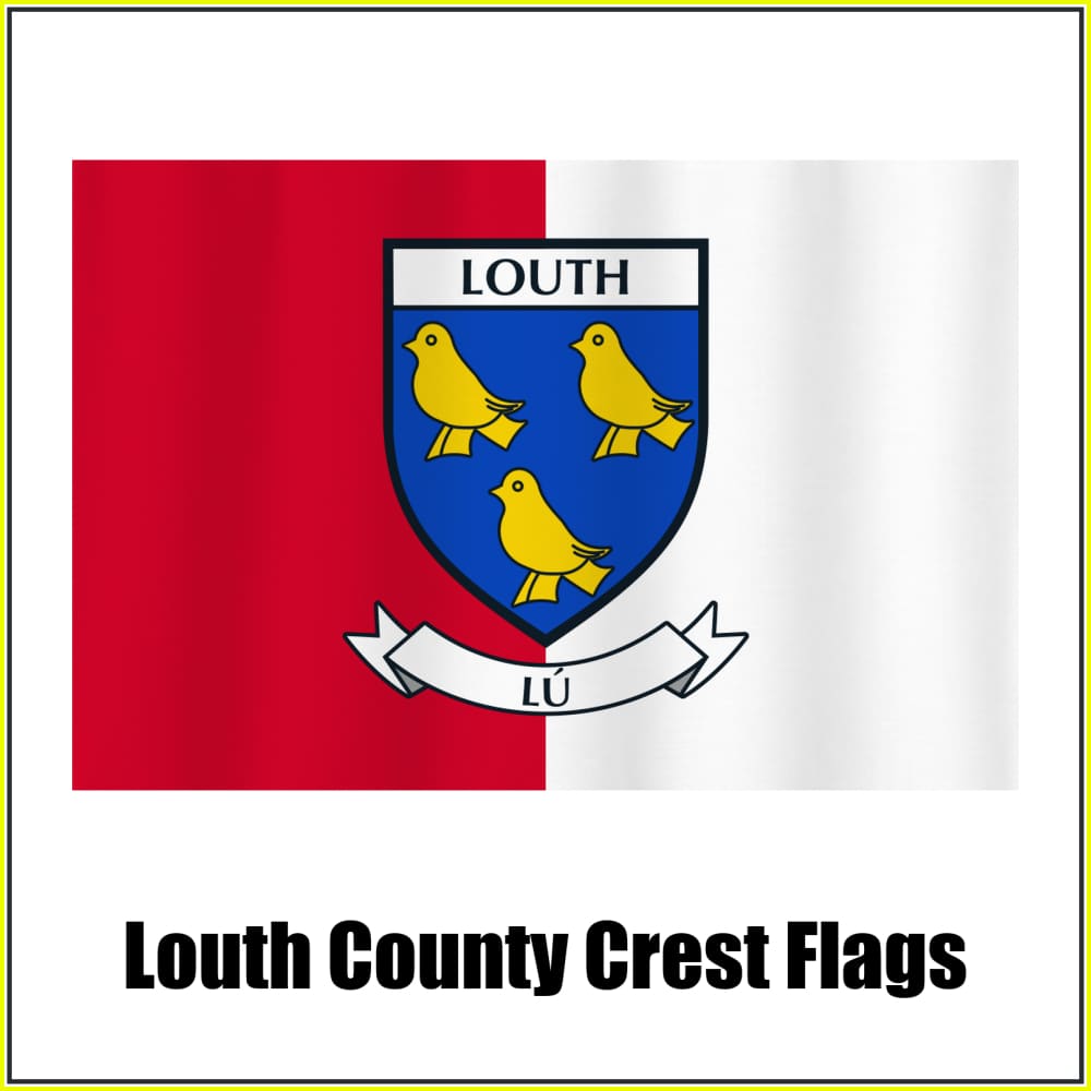 Louth county crest flag in red and white, with county name and crest.