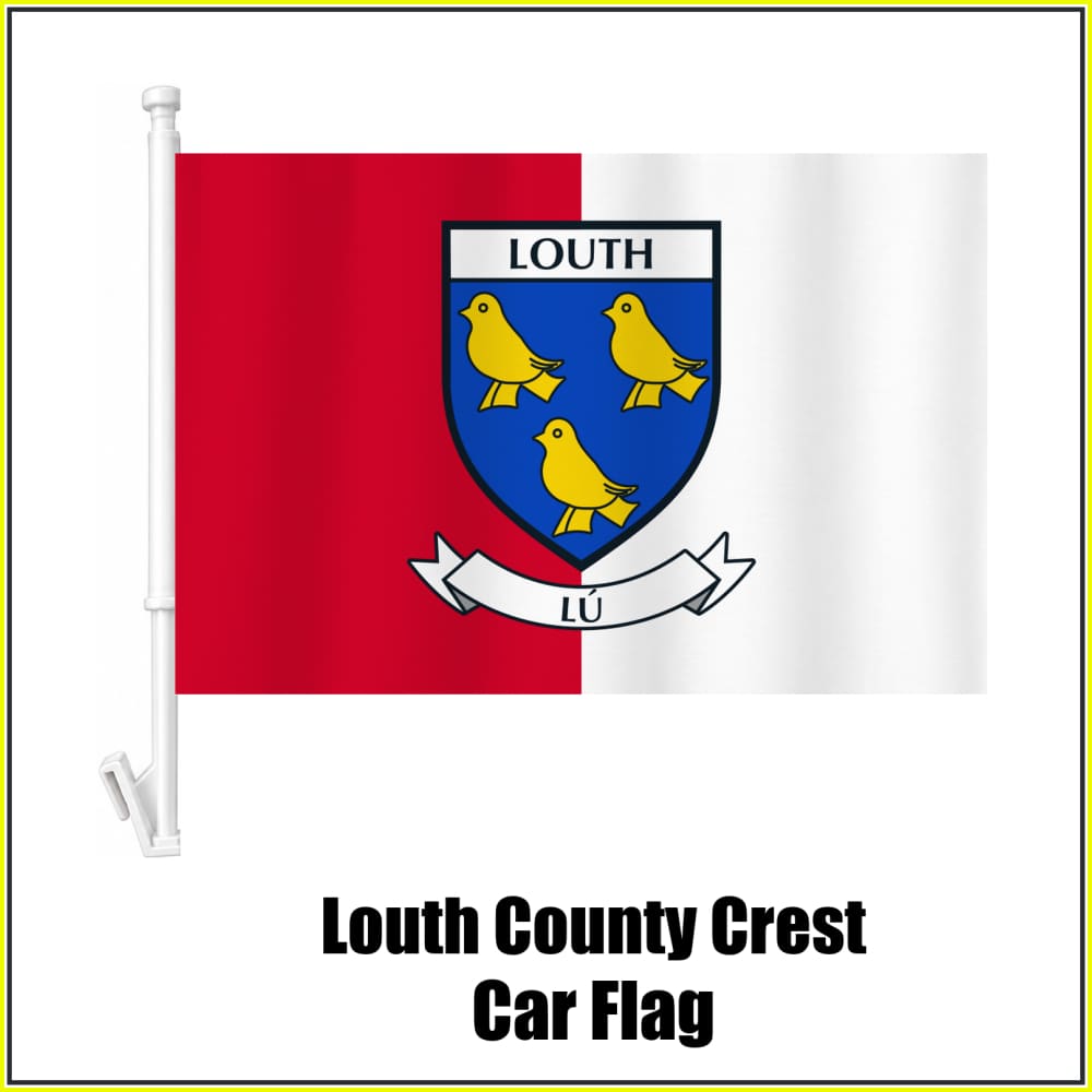 Louth county crest car flag in red and white, on a white plastic window mount.