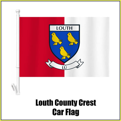 Louth county crest car flag in red and white, on a white plastic window mount.