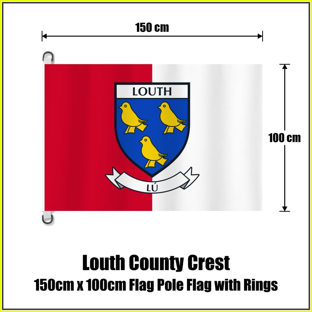 Louth county crest flag, 150 cm wide × 100 cm high, in red and white, with two dark attachment rings on white tabs and no pole.