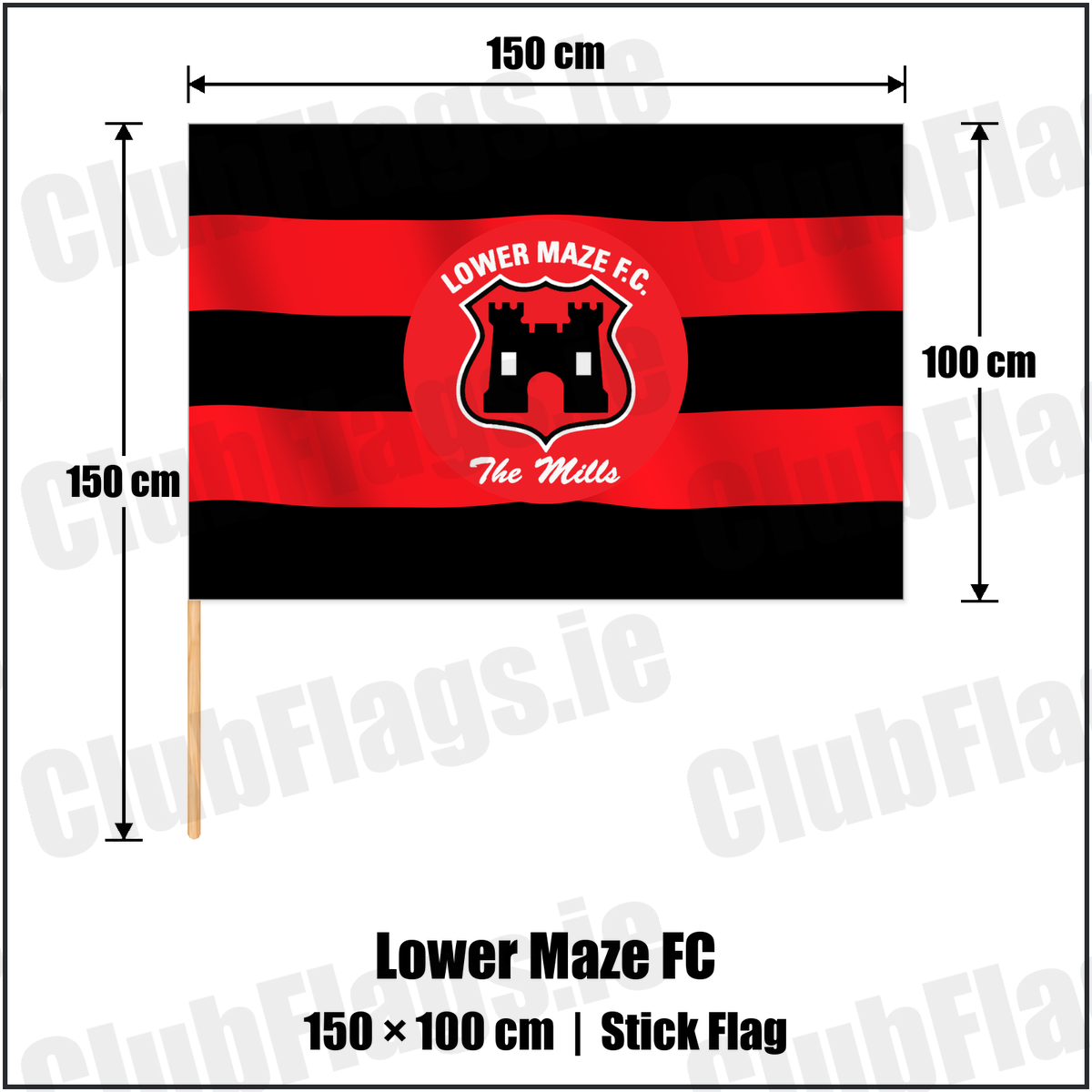 Lower Maze FC 100cm x 150cm Stick Flag with the club crest and colours, Down Football - ClubFlags.ie