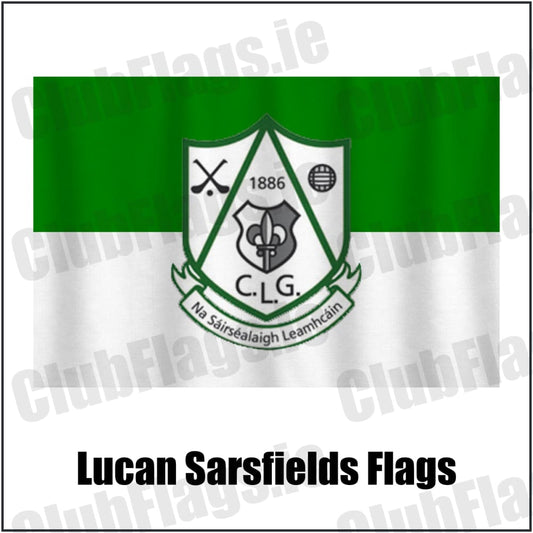 Lucan Sarsfields Flags in green and white, featuring the club crest on realistic fabric with gentle vertical folds; County Dublin GAA. ClubFlags.ie.