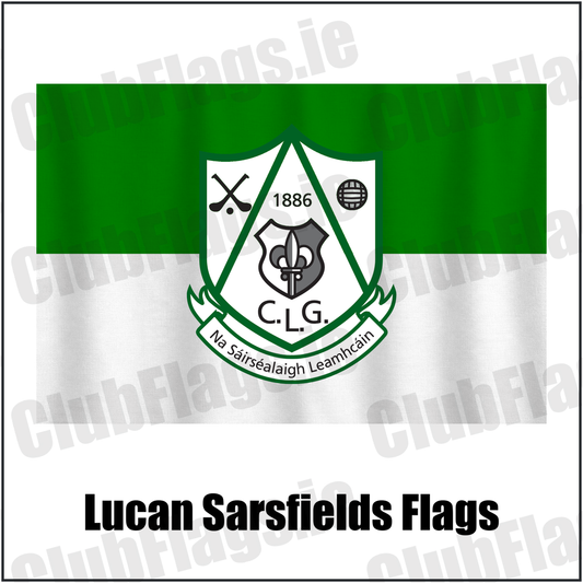 Lucan Sarsfields Flags, featuring the club crest and green and white colours; County Dublin GAA. ClubFlags.ie.