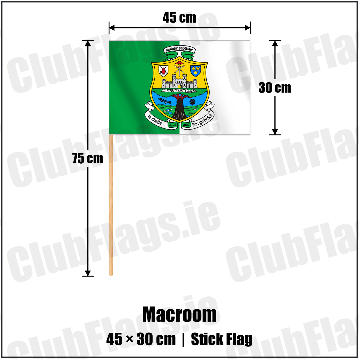 Macroom 30cm x 45cm Stick Flag with the verified club crest and colours, Cork GAA - ClubFlags.ie